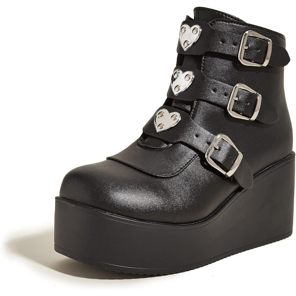 Women Black Polyurethane Rave Buckle Thick Sol eZipper Platform Ankle Boots